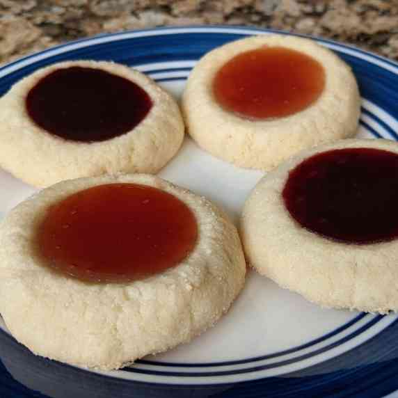 Jam thumbprint cookies on a plate